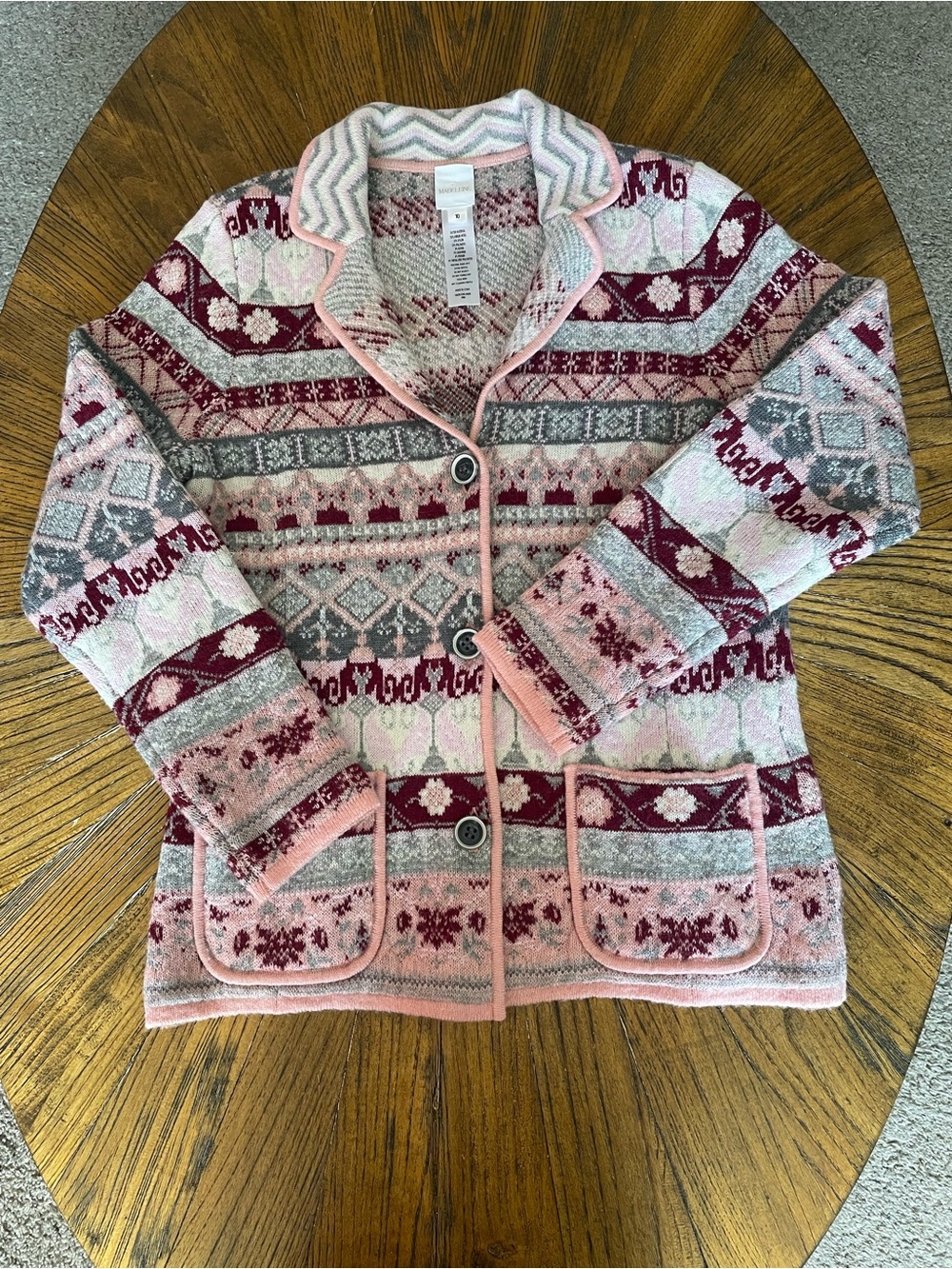 Madeleine Fair Isle Pink & Maroon Nordic-Patterned Cardigan